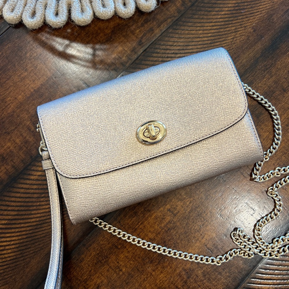 Coach Metallic Rose Gold Leather Chain Crossbody Clutch